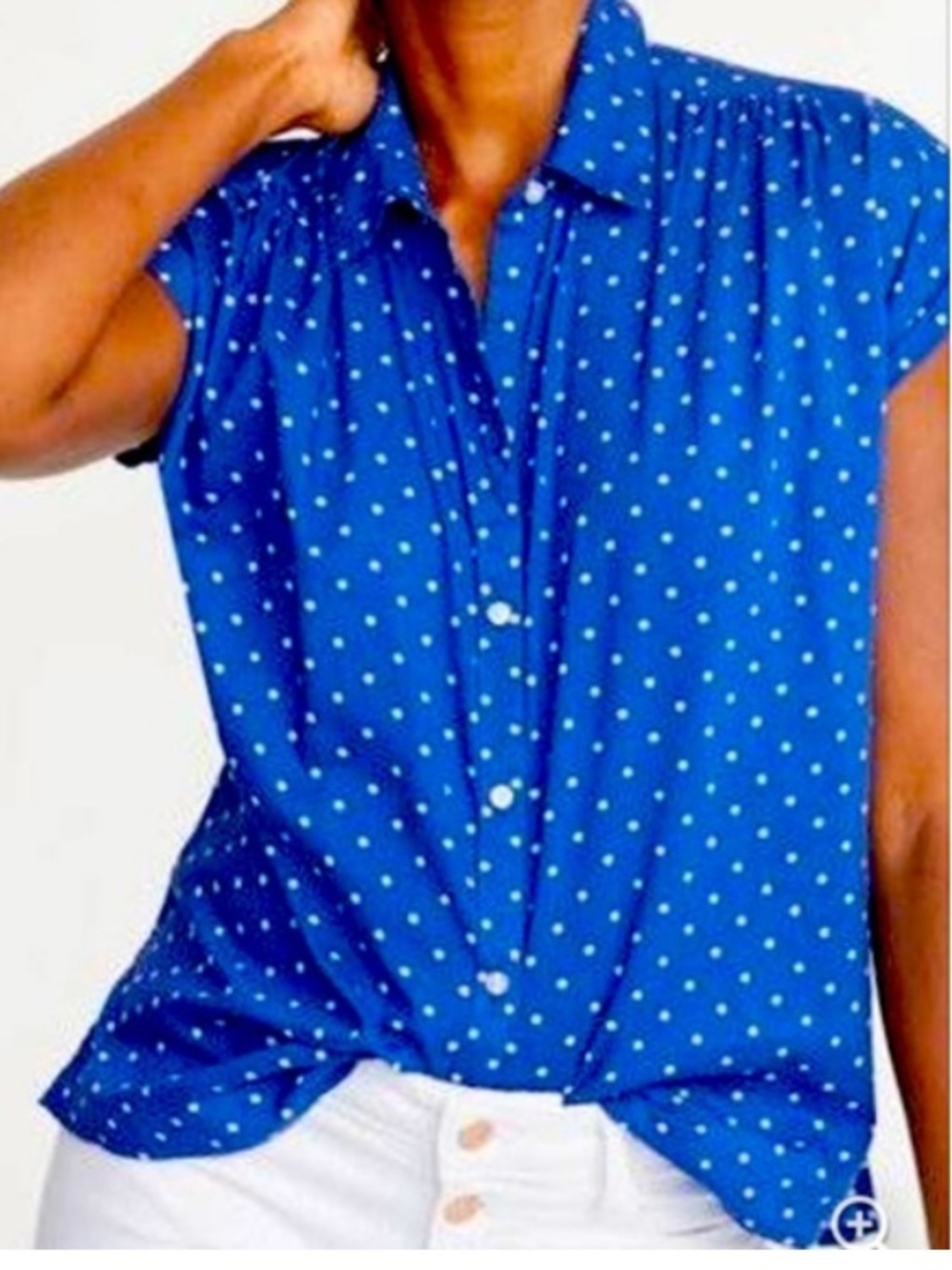 NWT Women’s Button Front Pop Over Blouse Blue White Polka Dot Preppy Coquette